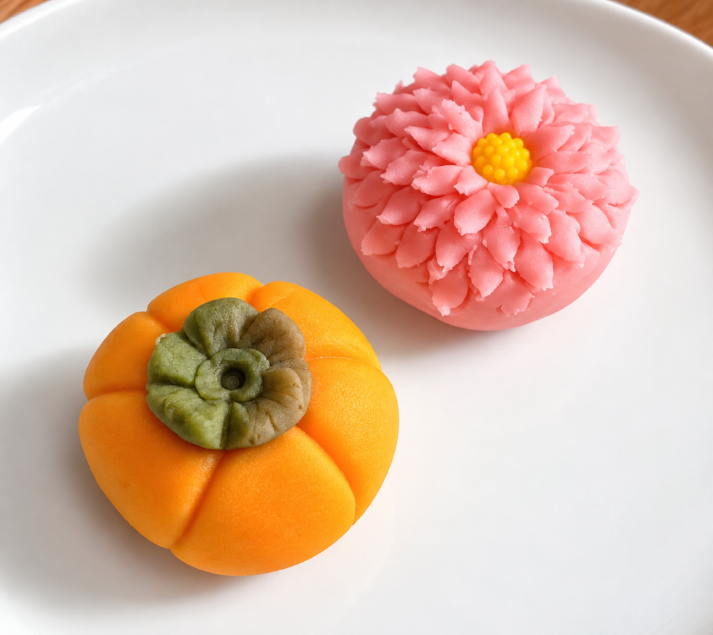 和菓子練り切り菊の花と柿