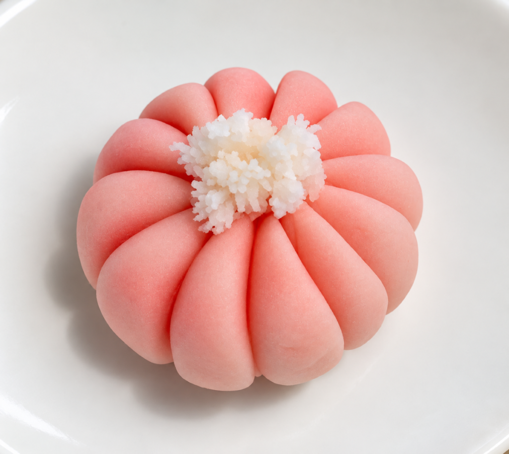 重陽の節句にちなんだ菊の練り切り「着せ綿」淡いピンク色の手作り和菓子