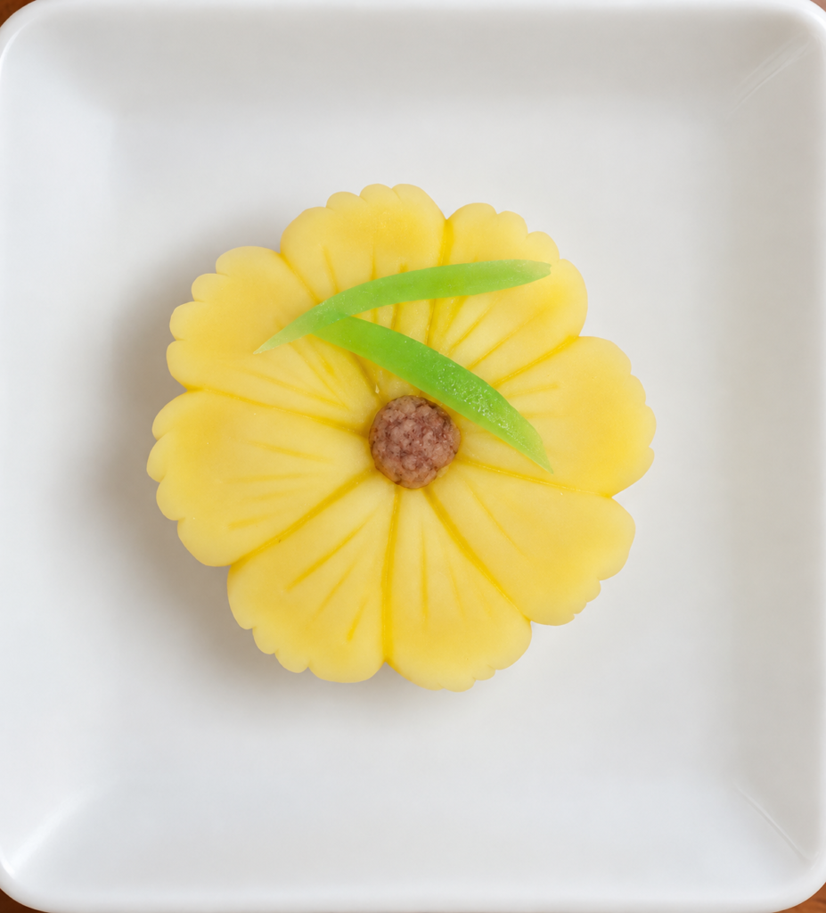 黄色いコスモスの花をモチーフにした練り切り和菓子